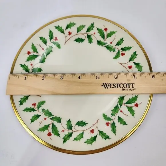 New Lenox Holiday Gold Trim Holly & Berry 8" Lunch Plate Made USA - Picture 5 of 6